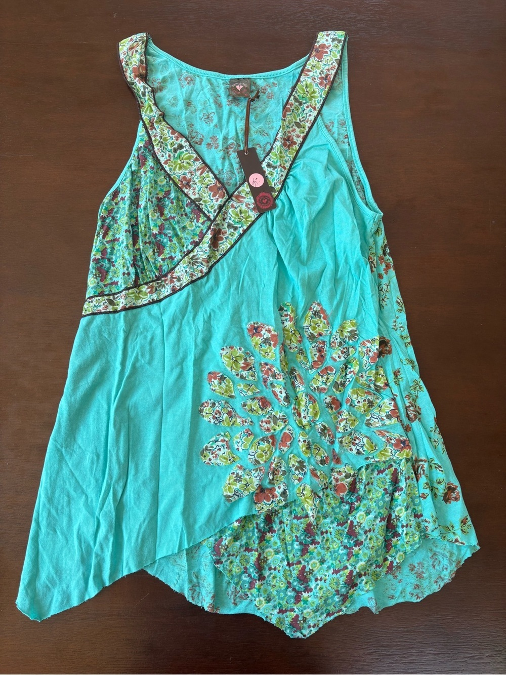 Language Turquoise Floral-Trim Sleeveless Tank